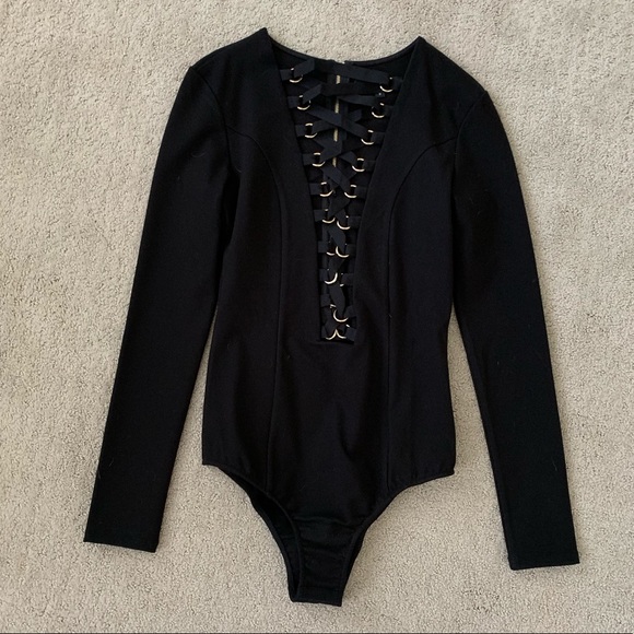 Black Lace Up Bodysuit - Picture 1 of 4